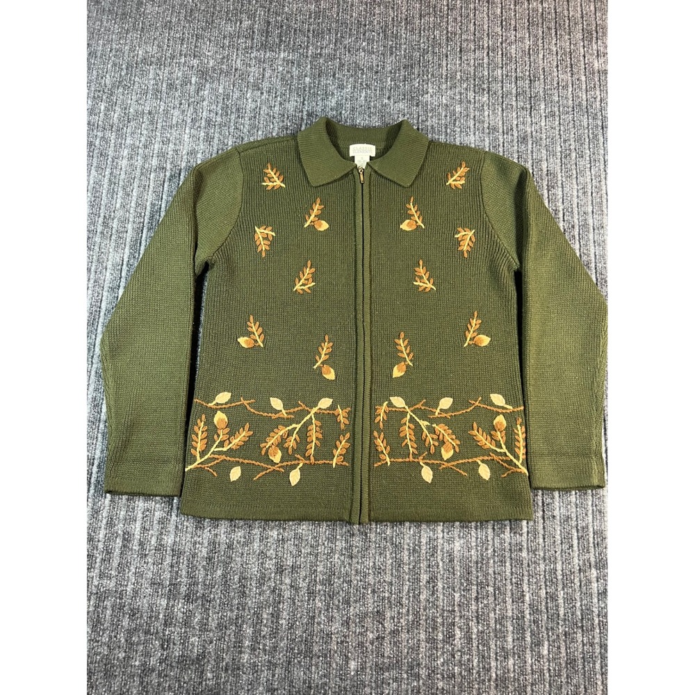 Vintage Fall Zip Up Cardigan Sweater Womens Small Green Embroidered Leaf Fall